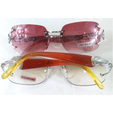 Okulary przeciwsłoneczne przeźroczyste/różowe kwadratowe szkła bez oprawki ze srebrno/różowymi nausznikami w wor.
