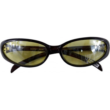 Okulary przeciwsłoneczne żółte podłużne wąskie oprawka czarna/brązowa w wor.