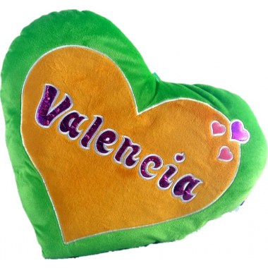 Poduszka jasiek 45x34cm kształtowa pluszowa serce z napisem Valencia różowo/fioletowa , zielono/pomarańczowa z zaw.