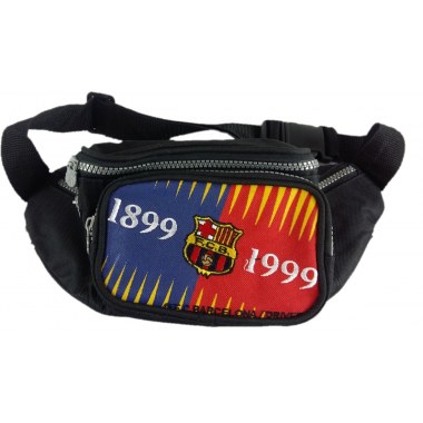 Tekstylia torebka-saszetka młodzieżowa na pas: 22x14cm z 4zamkami szarymi z materiału czarna FC Barcelona w wor.