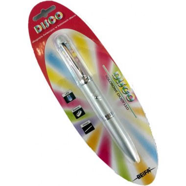 Długopis gadżet świecący disco kolorowe diody led na bat.3xG3 metl. srebrny wkład nieb. na blist. Super Jakość !!!