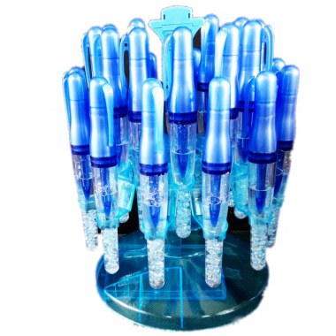 Długopis gadżet zestaw 24szt wodny z kryszkałkami 16cm + stojak karuzela 17x14cm plast. niebieska w pud.