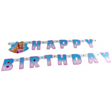 Party dekoracja baner: napis ' Happy Birthday ' wzór Barbie Marmaidia papierowy  w wor. z zaw.