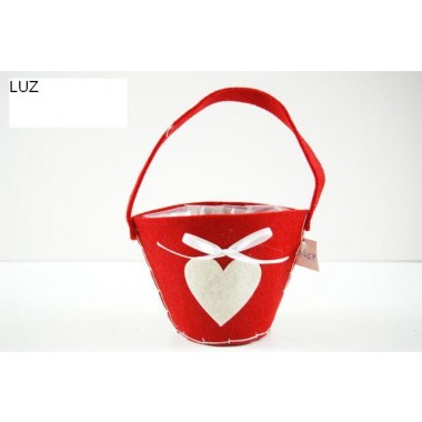 Dekoracja filc koszyczek do doniczki czerwony z białym sercem i kokardką 15x10cm