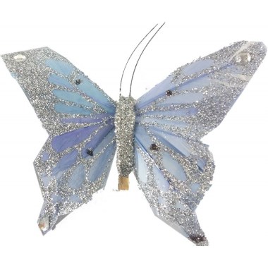 Dekoracja klamerki motylki 10szt 10x8cm z brokatem srebrne w pud.
