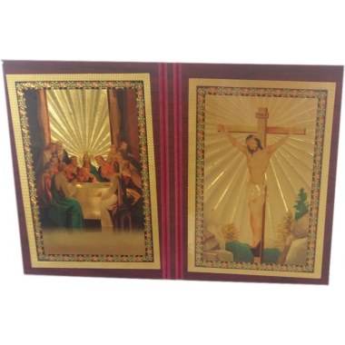 Dewocjonalia obrazek podwójny święty 24x17cm na drewnie składany Jezus Chrystus , Matka Boska , Ostatnia Wieczerza w folii