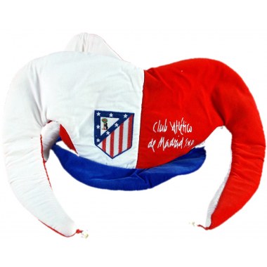 Party czapka 'Kapelusz Kibica Atletico Madrid 'ob.50cm 44x25cm welurowa z dzwoneczkami biał/czer/nieb w wor.