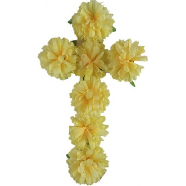 Święto zma.- dekoracja nagrobkowa krzyż z kwiatów 55x35cm żółta/różowa/pomarańcz