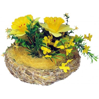 Święta wiel.- dekoracja stroik słomkowy  30cm wiosenny z kwiatami i kokardą w folii