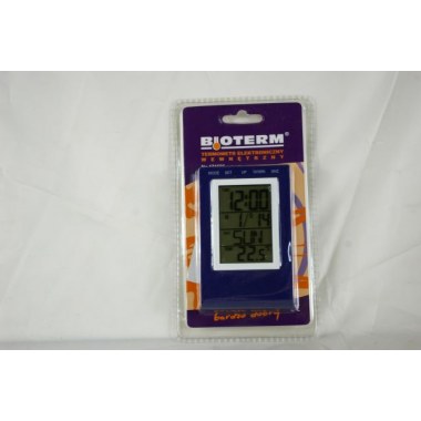 Zegar elektroniczny 10x7cm Bioterm 6funkcji termometr wewnętrzny , kalendarz , budzik , minutnik , melodia na bat.2xAG10 fioletowy na blist. z zaw.