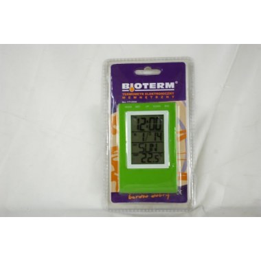 Kalendarz elektroniczny 10x7cm Bioterm 6fucji termometr wewnętrzny , zegar , budzik , minutnik , melodia na bat.2xAG10 zielony na blist z zaw.