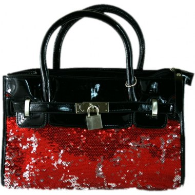 Tekstylia torebka damska lakierowana z cekinami 28x19x8cm czarno/czerwona z zamkiem