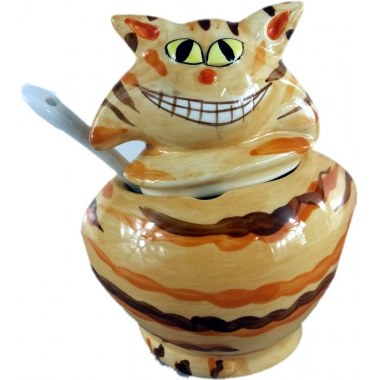 Kuchnia cukiernica ceramiczna z przykrywką 13cm + łyżeczka zabawny kot w folii bąbelkowej w pud.