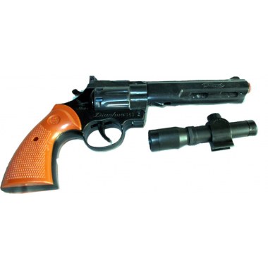 Zabawka broń pistolet 24cm: rewolwer czarno-brązowy z celownikiem w wor. z zaw.