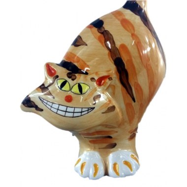 Dekoracja ceramiczna figurka 18x13cm śmieszny kot beżowo/brązowy w pasy w folii bąbelkowej w pud.