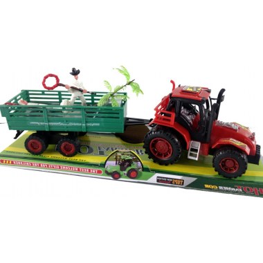 Zabawka pojazd traktor z przyczepą 33cm + palmy + 2 figurki w kloszu