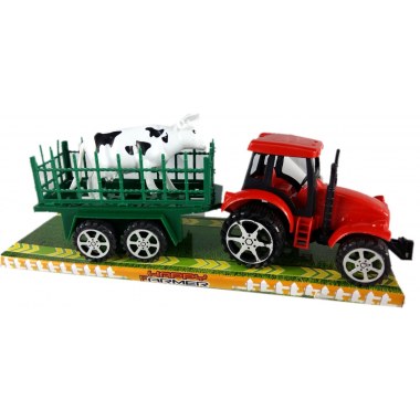 Zabawka pojazd traktor z przyczepą i krową/zebrą 32cm farmer w kloszu
