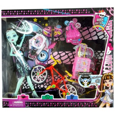 Zabawka lalka 27cm: Dark Queen + akcesoria (rower + walizka + torebka + zęby +p ajak + szczotka) w pud. z okien.