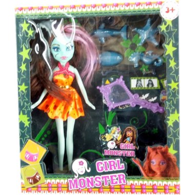 Zabawka lalka 22cm: Girl Monster zestaw + lusterko + foremki w pud. z okien