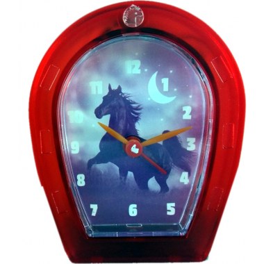 Zegar budzik podkowa: 10x8cm czerwony z konikem na bat. 2xR3 w pud.
