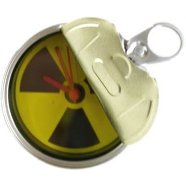 Zegar okrągły w puszce 9x5cm wzór 'Strefa Radioaktywna' bez baterii w pud. z okien.