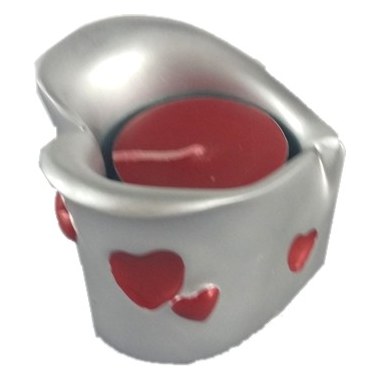 Dekoracja świecznik na 1 świeczkę ceramiczny 6x5cm z tealightem śr.3.5cm serce srebrno/czerwone w pud.