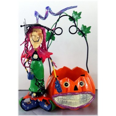 Dekoracja świecznik na podgrzewacz ceramiczny 18x15cm 'Halloween' czarownica z dynią w pud.